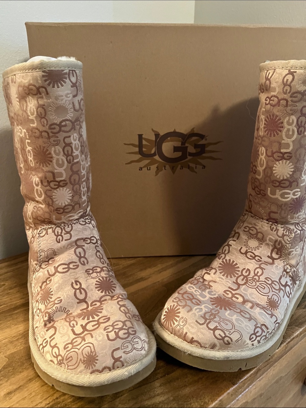 UGG Pink and Tan Patterned Shearling Boots